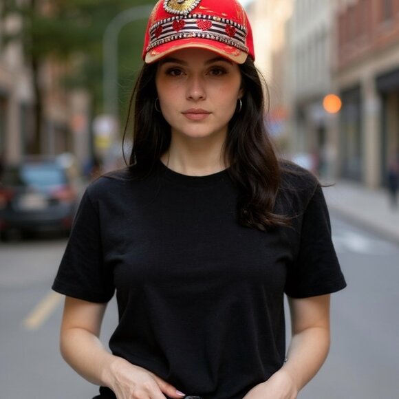 Valentine\'s Day Truckers Cap Hat Hand Decorated Red Black White Gold [COPY]